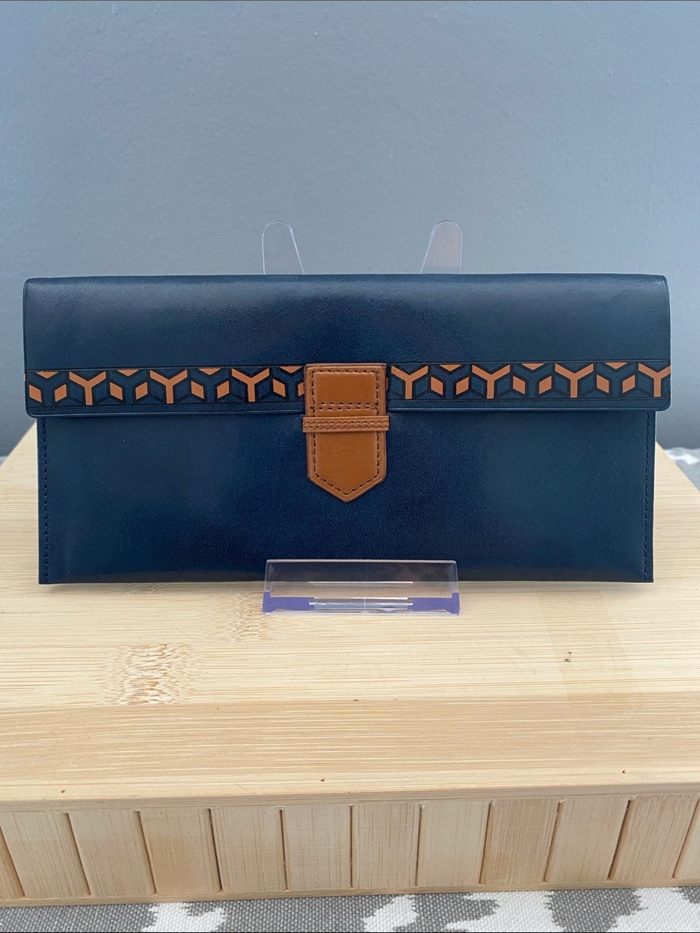 Yves Saint Laurent Navy Blue and Brown Leather Clutch Wallet w/Box
